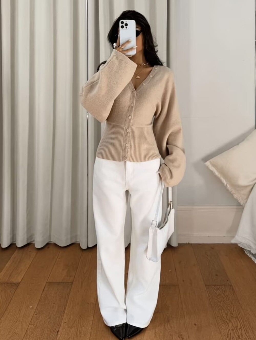 Style Belted Cardigan, Khaki V-Neck Waist-Cinching Lantern Sleeve Sweater - Picture 4 of 6